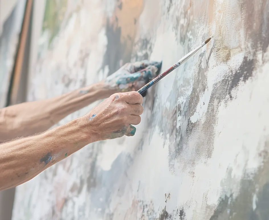 Détail des mains de l'artiste peignant une toile